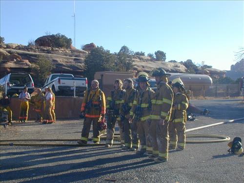 Firefighter crew photos during structural fire training at Mesa Verde National Park, 2001