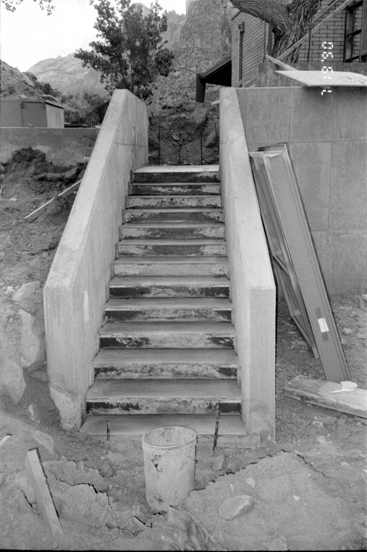 Staircase being built during the construction of headquarters addition.