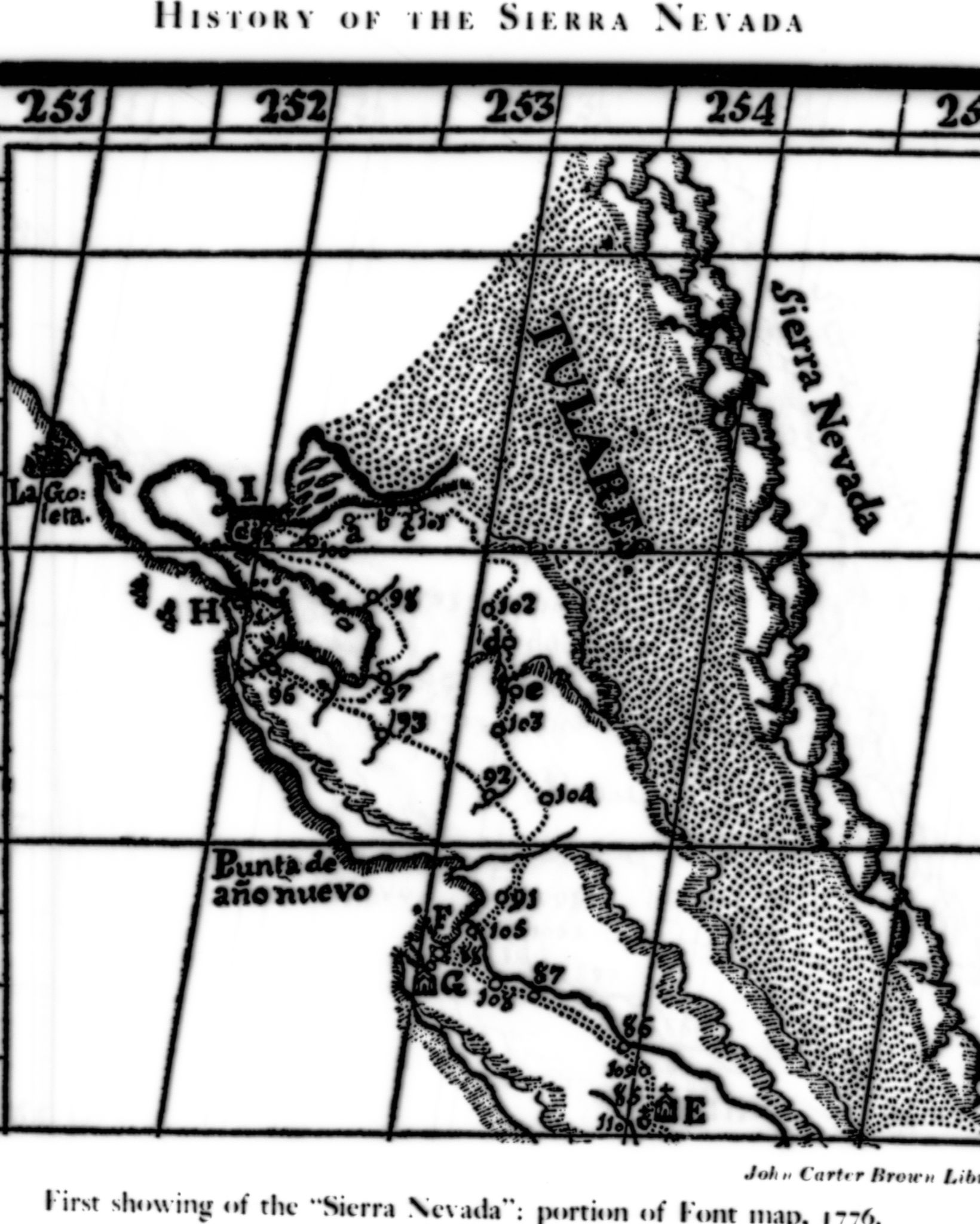 Map showing the first labeling of Sierra Nevada from the Font map (1776). Copied from Farquhar's History of the Sierra Nevada, p. 16. Copied by Michael Dixon.