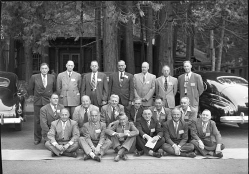 Region Four Area Superintendents with Reg. Dir. O.A. Tomlinson. LEFT TO RIGHT: STANDING: Hugh Peyton, Millerton Lake; Ernest Leavitt, Crater Lake; Carl Russell, Yosemite; Preston Macy, Olympic; Oscar W. Carlton, Asst. Supt. Sequoia-Kings; William H. Gibbs, Pinnacles; Frank R. Givens, Joshua Tree; and Walter Finn, Muir Woods. KNEELING: Donald M. Robinson, Cabrillo N.M.; Eivind Scoyen, Sequoia-Kings; John C. Preston, Mt. Ranier, Don Fisher, Lava Beds; Grant H. Pearson, Mt. McKinley; and Ben C. Miller, Sitka N.M. SEATED: Francis R. Oberhansley, Hawaii; Robert K. Weldon, Whitman N.M.; Tom R Goodwin, Death Valley; O.A. Tomlinson, Regional Director, Region Four; Dan T. Tobin, Lassen Volcanic; Sam Houston, Craters of the Moon.