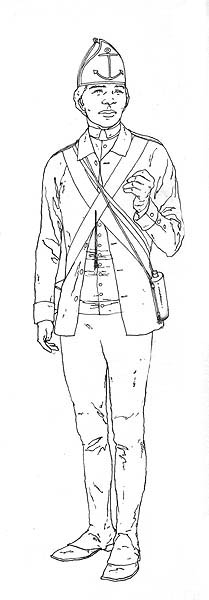 An infantryman of the Rhode Island Regiment in position to display a weapon which is not depicted.