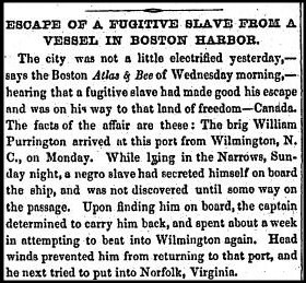 Newspaper clipping about a fugitive slave escaping through Boston Harbor.