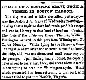 Newspaper clipping about a fugitive slave escaping through Boston Harbor. 