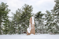 Granite monolith on a plaza surrounded by trees after a snowfall