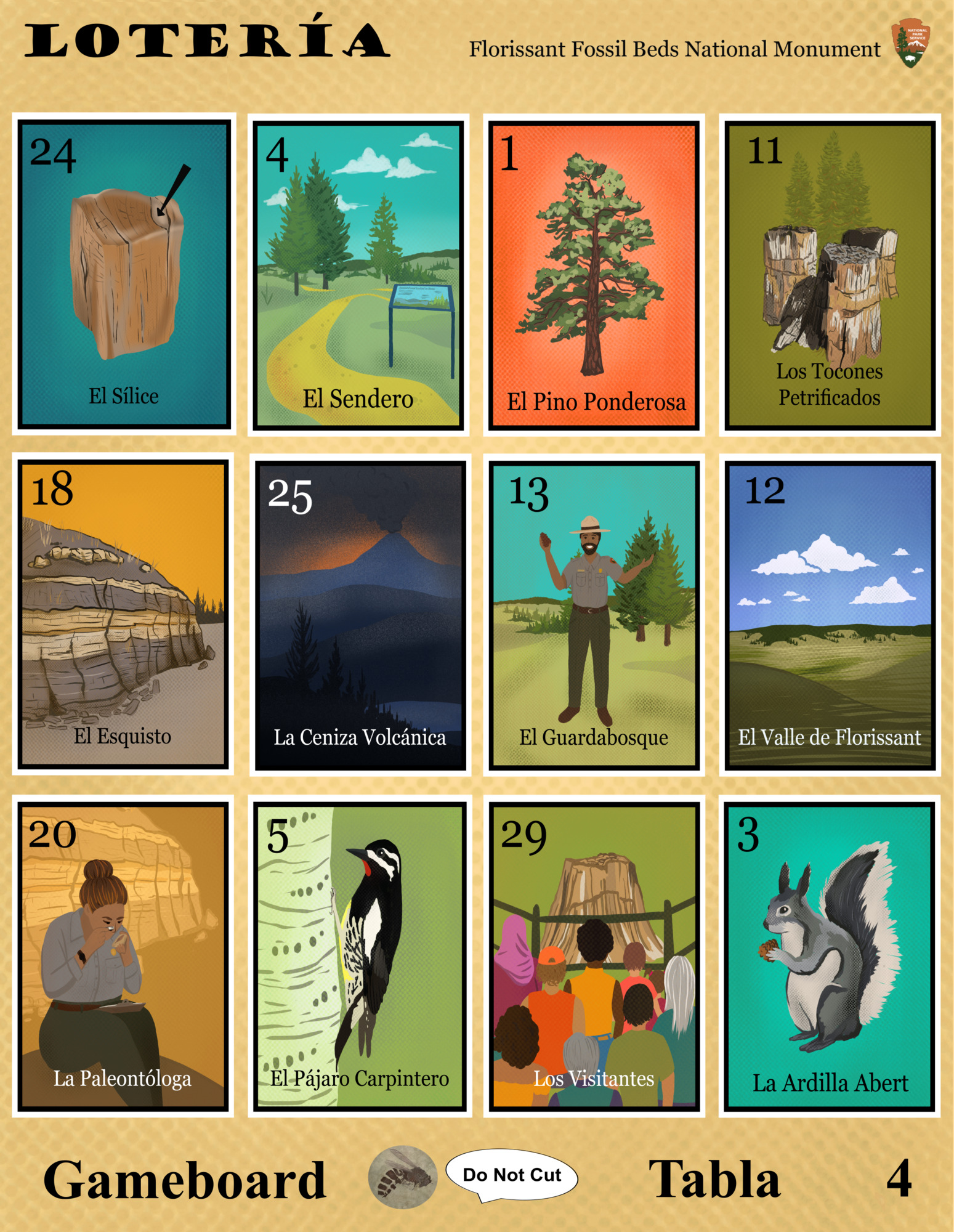 A gameboard with a light brown background titled Lotería show 12 images of: a chunk of petrified wood with clear-colored silica inside a void that has an arrow pointing to it, a hiking trail surrounded by pines that has an exhibit, a tall Ponderosa Pine with dark red bark, three petrified Redwood stumps that are fractured showing the once towering Redwoods above the stumps, a dark brown, gray and tan shale outcrop showing various layers, a landscape covered in volcanic ash with a volcano in the distance, a Latino Park Ranger in NPS uniform holding a pinecone, a vast green valley, a Latina paleontologist at a shale outcrop holding a hand lens, a woodpecker with black, white yellow and red plumage pecking at an aspen tree, different visitors wearing bright colored clothes admiring a petrified Redwood stump from behind a wooden fence, a gray and fluffy Abert squirrel holding an acorn. The bottom of the gameboard is labeled Tabla / Gameboard 3 with a fossil wasp saying "Do Not Cut." 