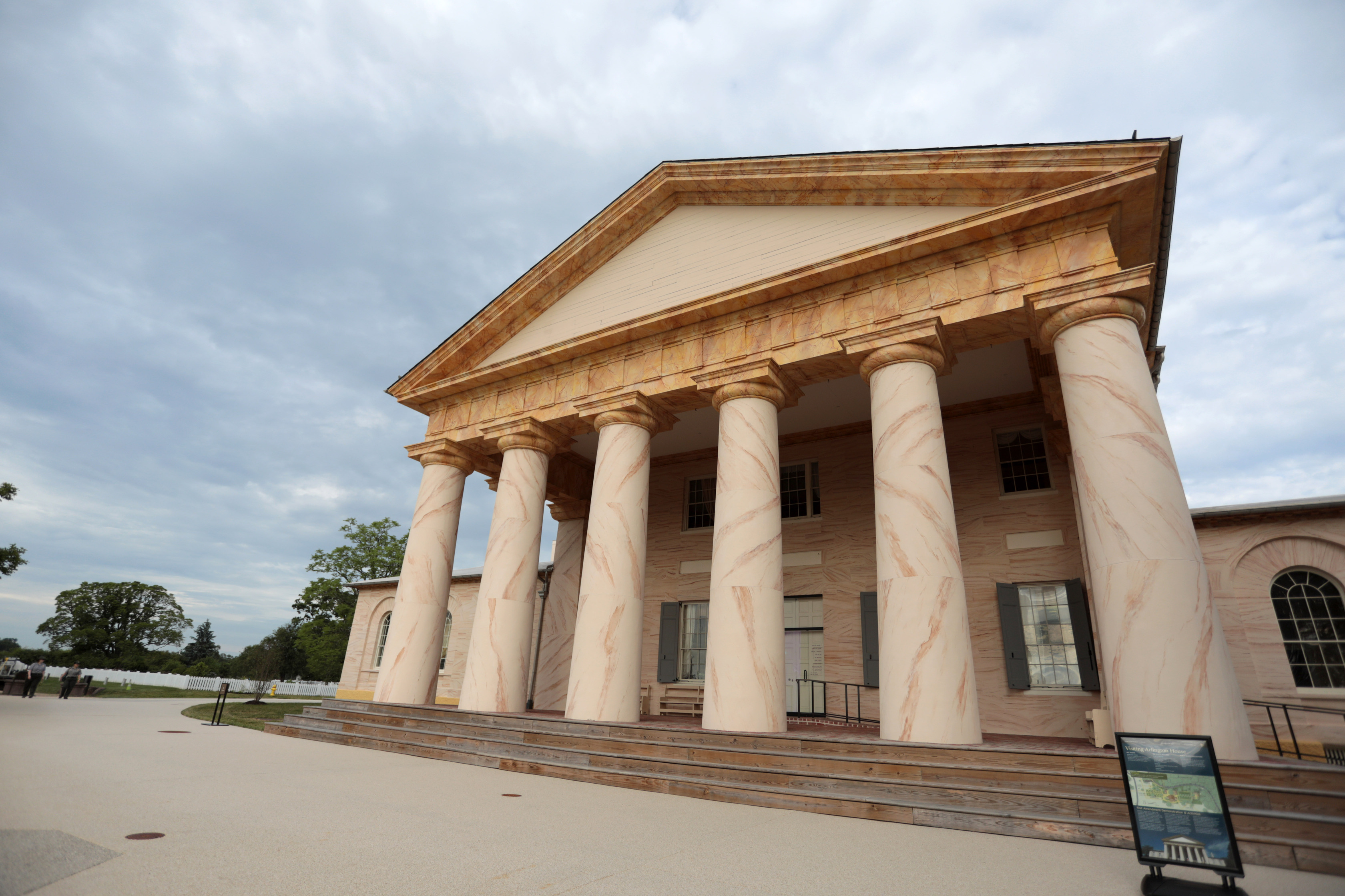 Portico of the plantation house at Arlington House, The Robert E. Lee Memorial. A large building with columns made to look like marble. 