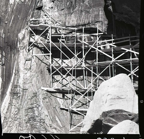 Scaffolding and crew members used for upgrade of water system at Temple of Sinawava.