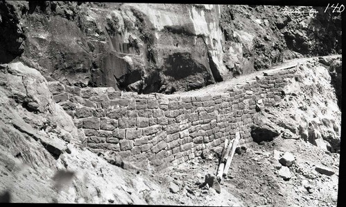 Narrows Trail construction, view is of the completed cement and rubble masonry wall at station 30-60.
