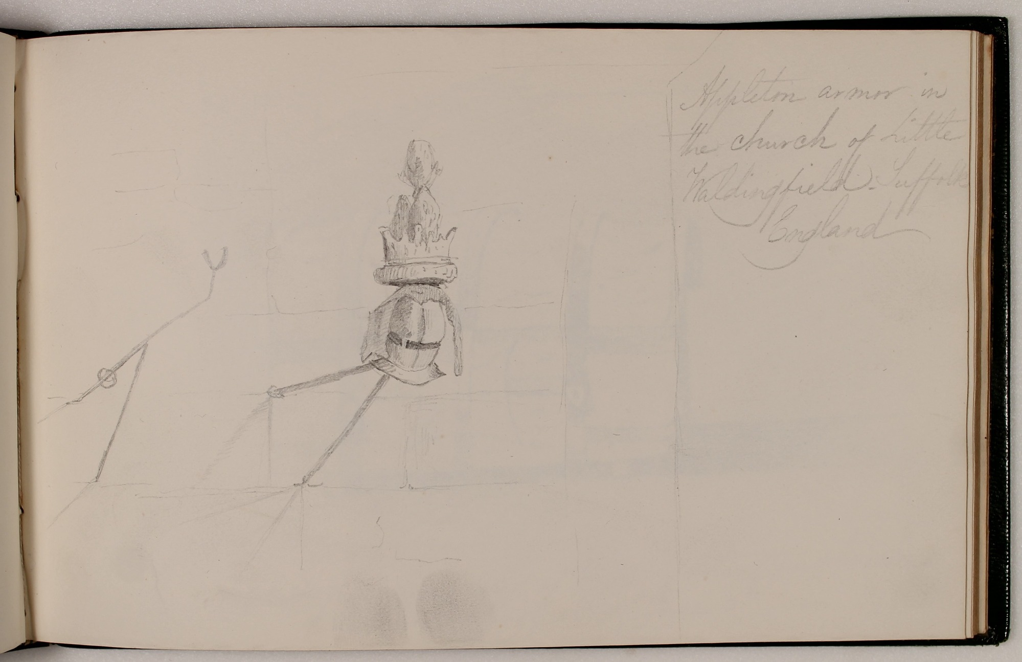 Pencil sketch of parts of armor hanging on wall-mounted bracket.