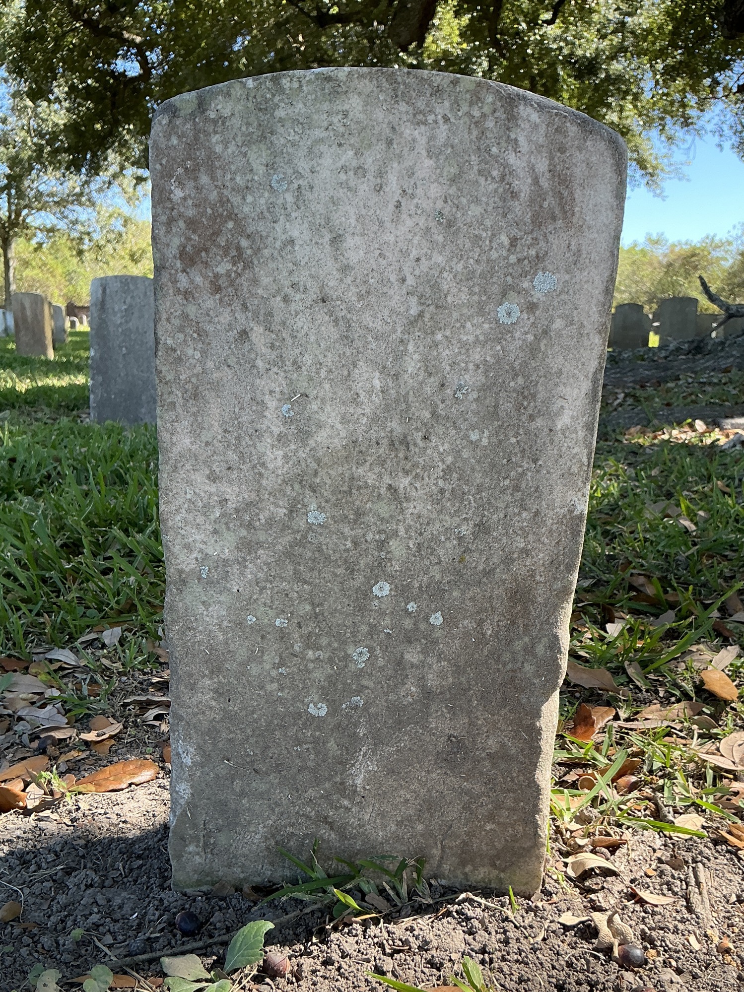 Back of historic upright marble headstone with recessed shield face.