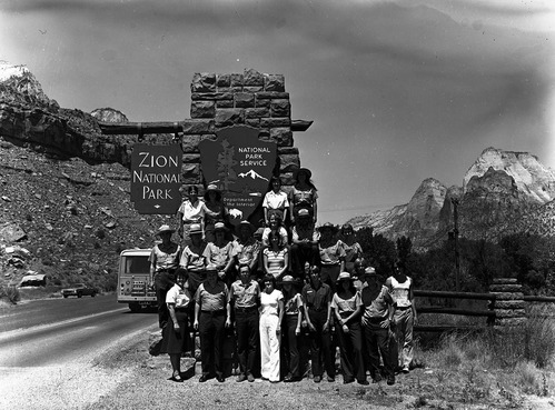 Naturalist group picture, 1979 crew- naturalist division, Zion Natural History Association (ZNHA), Zion Nature School (ZNS), Student Conservation Association (SCA).