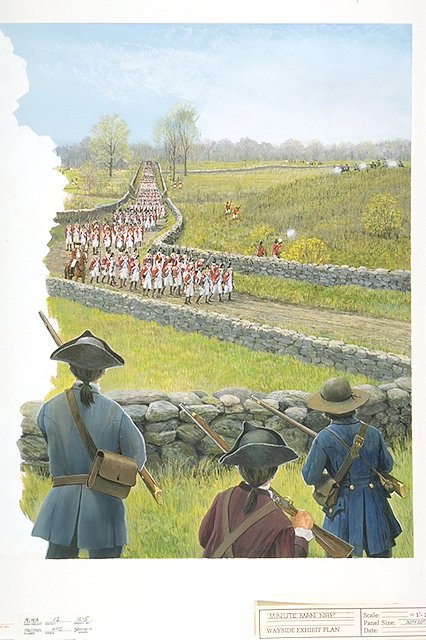 Scene depicts Colonial militiamen firing from the woods and behind stone walls at the British forces retreating along the Lexington Road on their return to Boston.