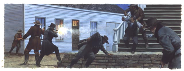 Scene depicts the December 16, 1858 early morning shooting and murder of John Little during the Montgomery Incident at Fort Scott's old Post Headquarters building .