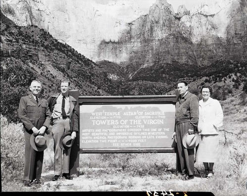 Wayside exhibit panel at mouth of Oak Creek Canyon - Towers of the Virgin.