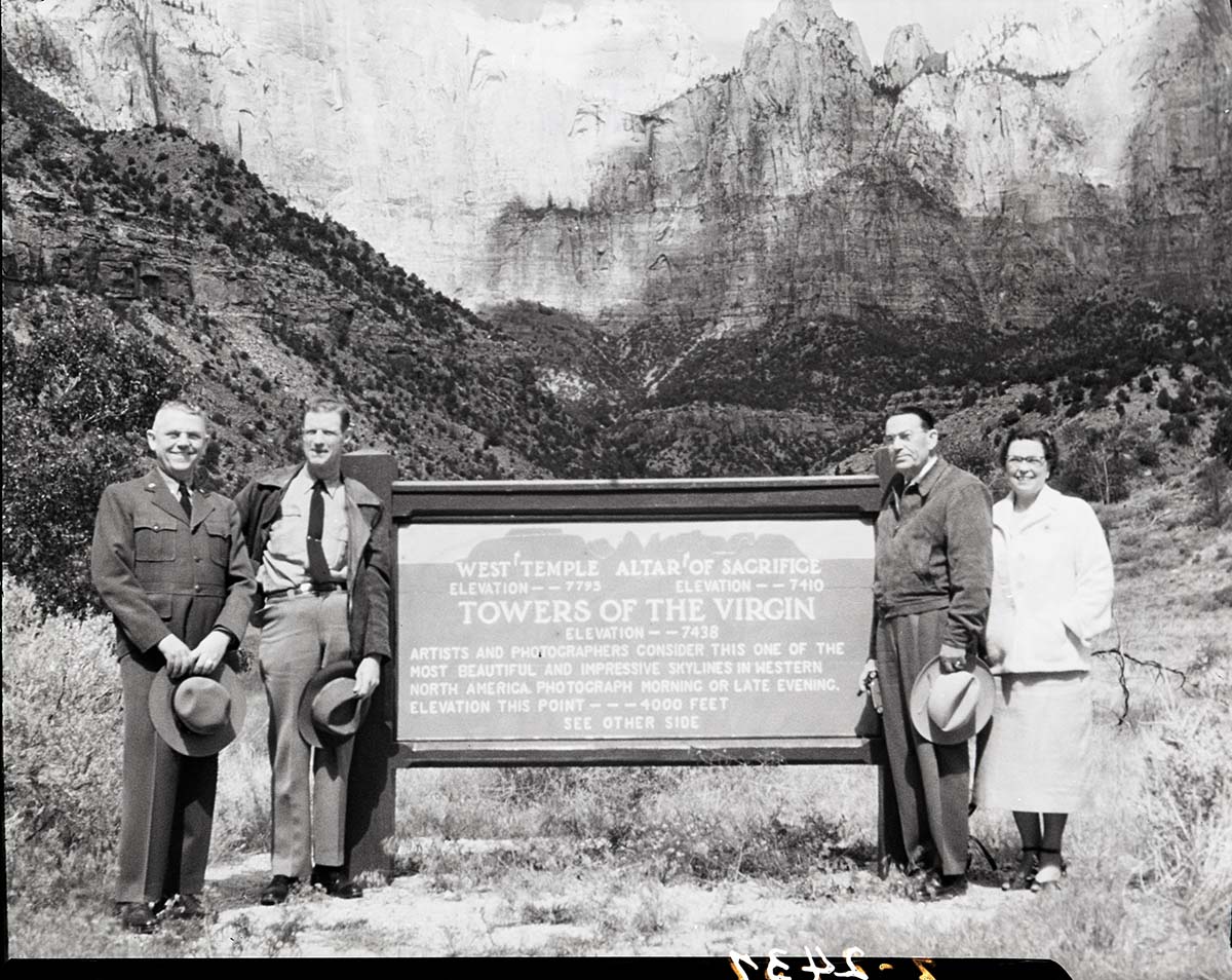 Wayside exhibit panel at mouth of Oak Creek Canyon - Towers of the Virgin.