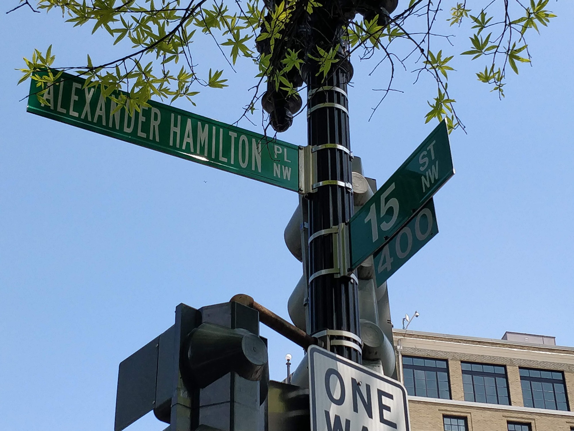 Green street signs for the intersection of 15th Street and Alexander Hamilton Place