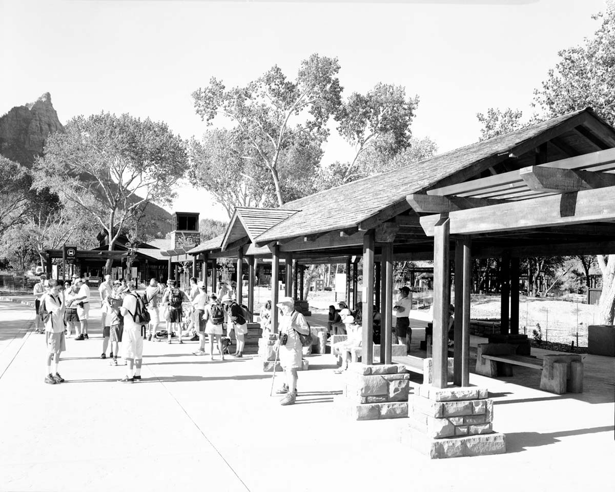 The 2000 visitor center after completion, part of the transportation project which included the shuttle buses, bus maintenance area, the new visitor center (Watchman campground, old a-loop), and new human history museum.