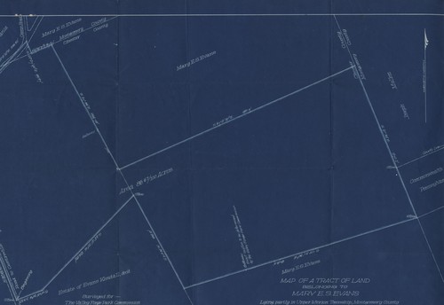 Document: Description of a Tract of Land A Portion of the "Continental Camp Farm" of Mary E.S. Evans, Lying partly in Upper Merion Township, Montgomery County, and partly in Tredyffrin Townsip, Chester County, Pennsylvania
