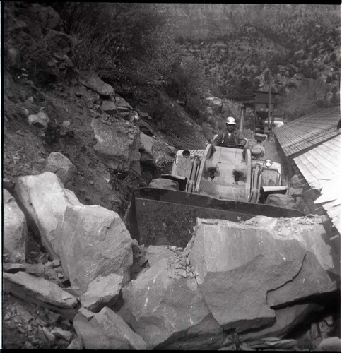 BW photo of rock slide in the maintenance yard.