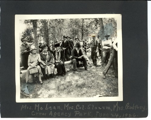 Mrs. McLean, Mrs. Slocum, and Mrs. Godfry Seated on a Bench, Crow Agency Park, Montana