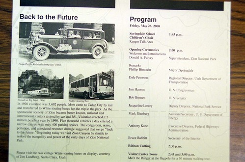 Color Photos of the official launch of the Zion shuttle system- same day as the new visitor center opening.