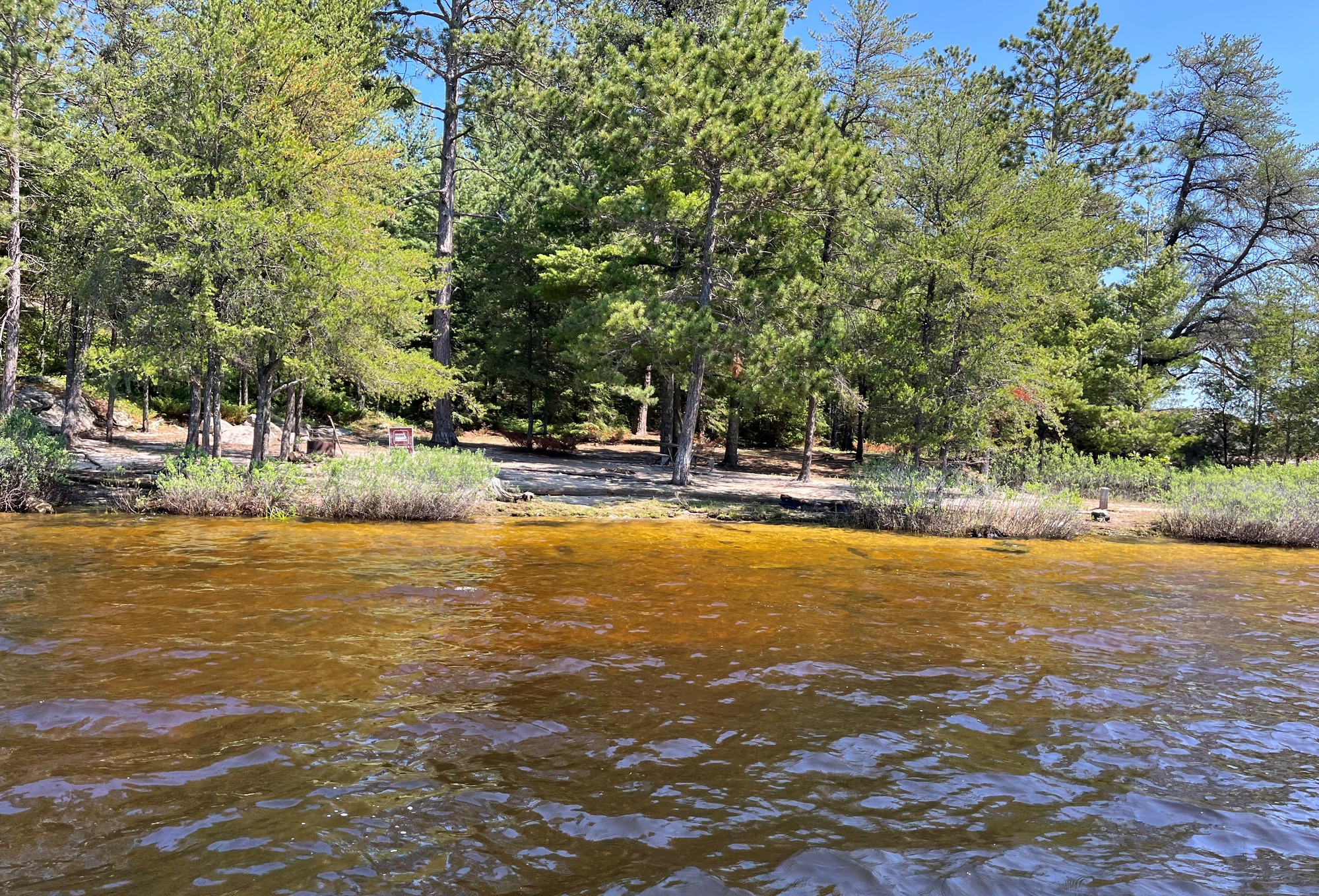 Houseboat Blueberry Island East at Rainy Lake, Sand mooring; Shore In