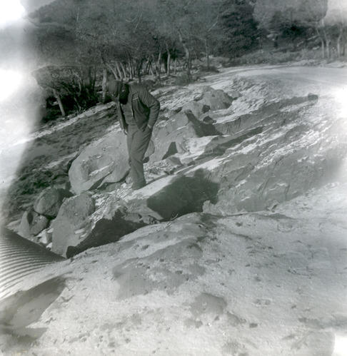 Man inspecting roadside progress during road work along the scenic canyon drive near the Grotto.