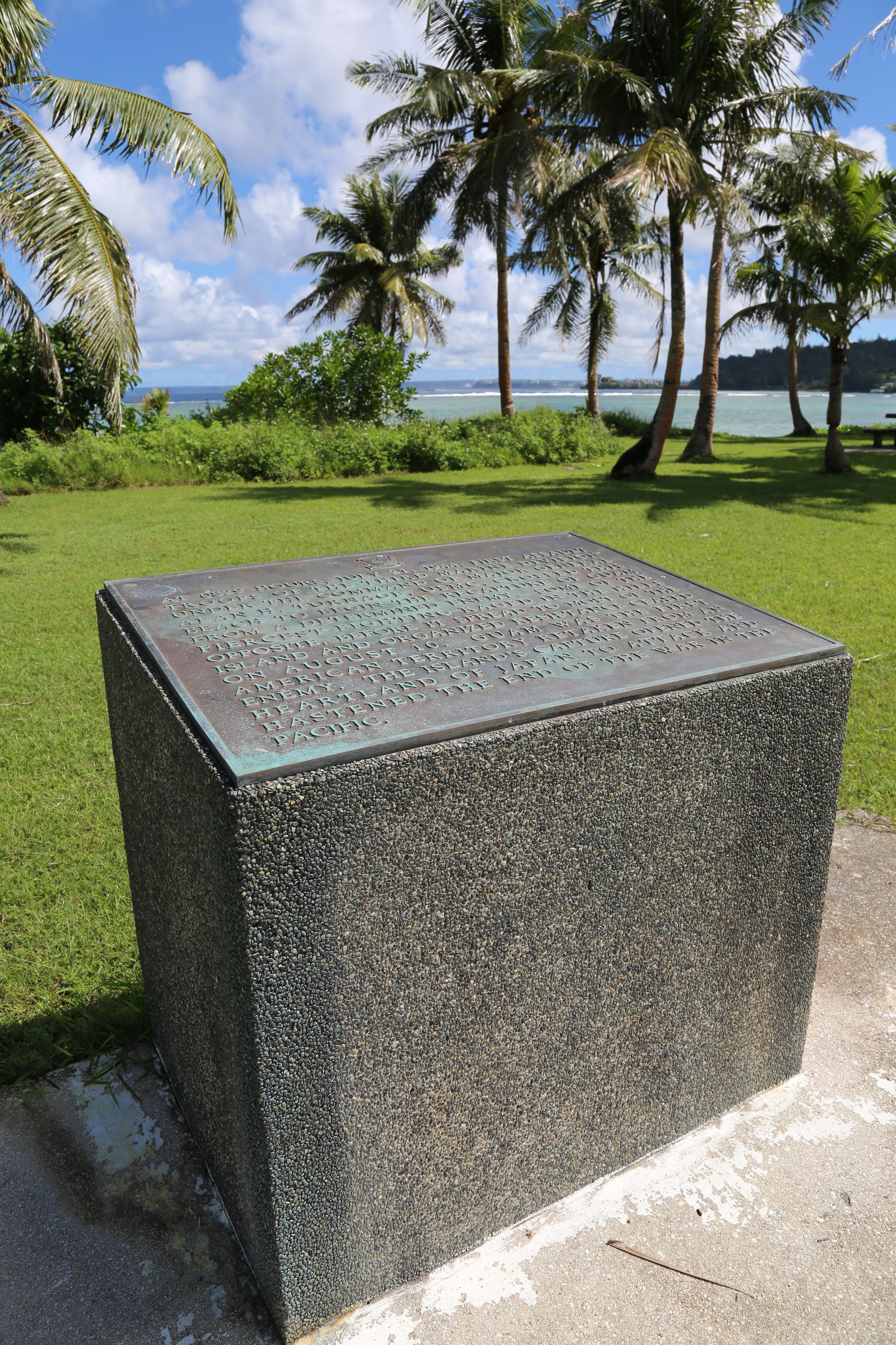 A bronze plaque on a stone pedestal stands in a lush park with palm trees, overlooking a serene ocean under a bright blue sky.