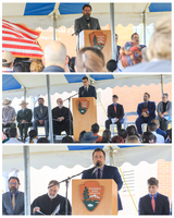 Three image collage. In each image, presented one on top, middle, and bottom, a different man wearing a suit and tie speaks into a microphone on a podium with the National Park Service arrowhead logo on front. Additional dignitaries sit to either side of the podium.