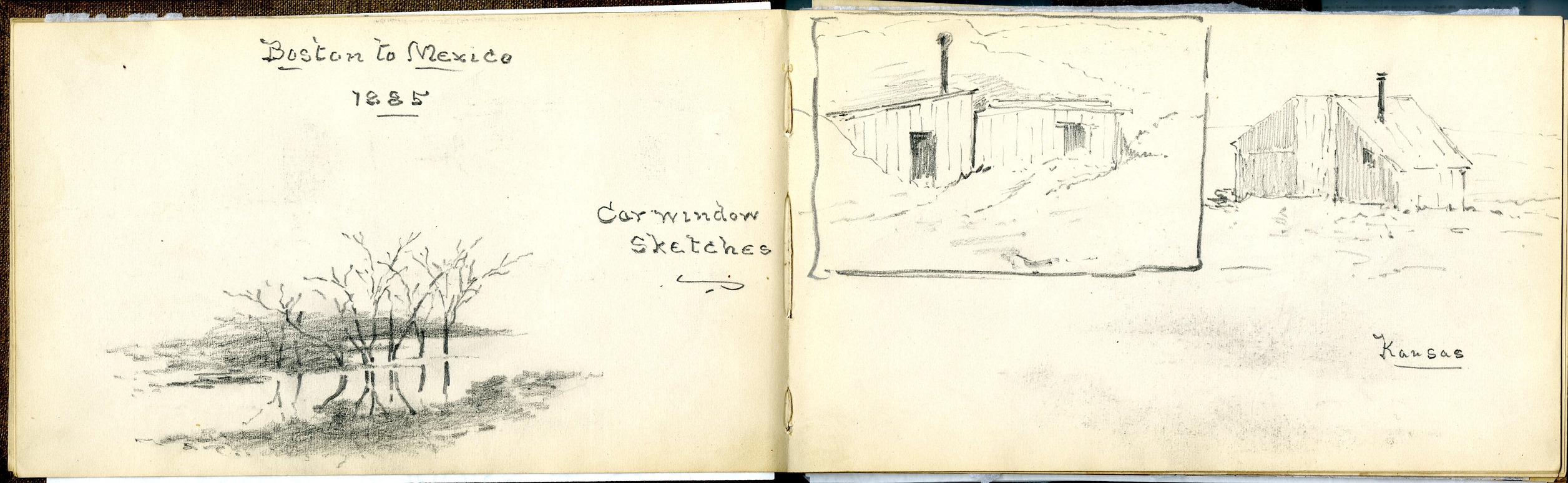 Two-page spread of sketches across landscape sketchbook, with small landscape of trees and two sketches of small houses.
