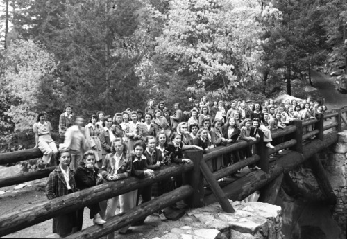 Girls League Convention group on Vernal Fall bridge. High School girls of San Joaquin.