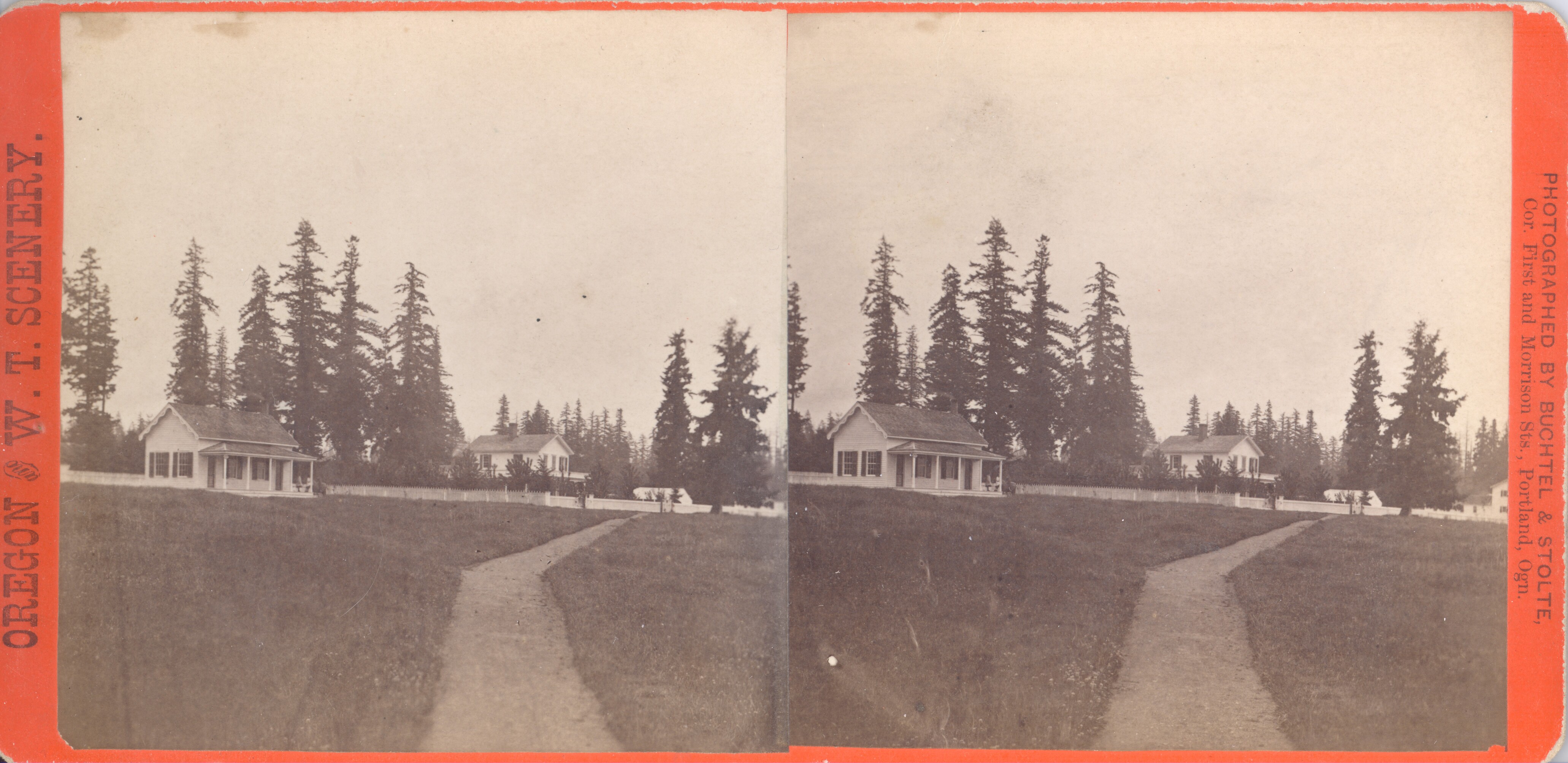 A black and white double stereoscope image with an orange border. Text on the one side of the border reads "Oregon and W.T. Scenery." Text on the other side of the border reads "Photographed by Buchtel & Stolte, Cor. First and Morrison Sts., Portland, Ogn."