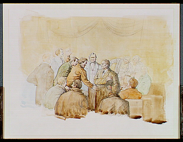 Several groups of three, four, and five Missouri legislators in heated conversation. The legislature passes emergency measures that include giving the Governor almost absolute power over a revamped and expanded State Guard.