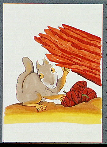 Gray squirrel hiding pine cones under a log.