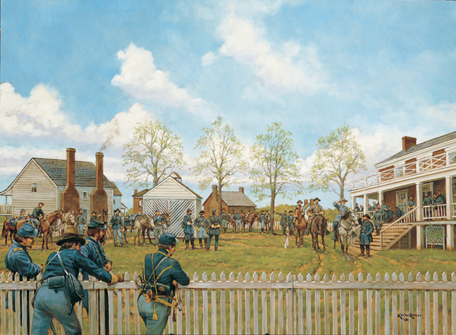 The Departure Moment: artist's depiction of the events of April 9, 1865 following the signing of the surrender documents showing a mounted Confederate Gen. Robert E. Lee,