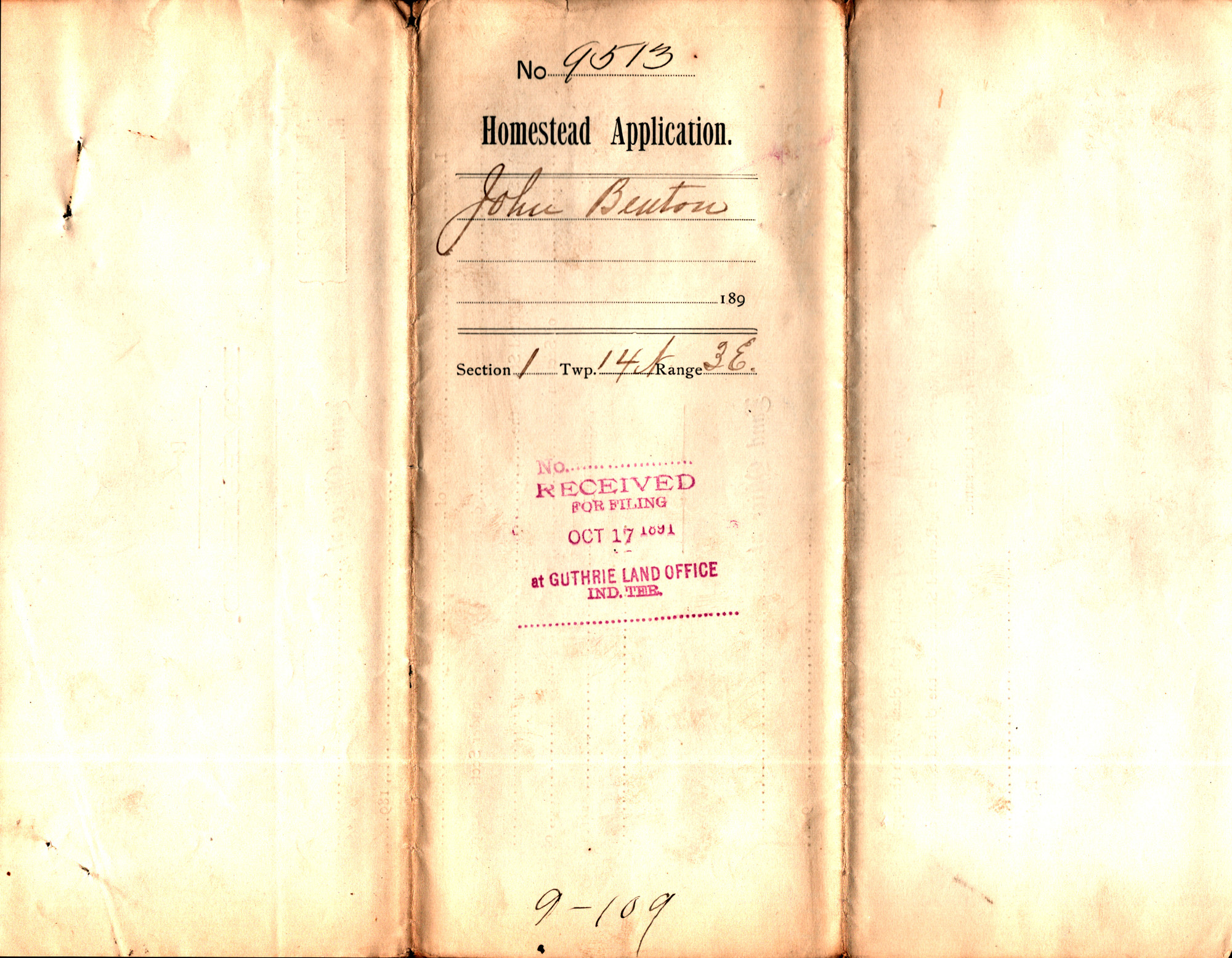 Yellowing scanned Homesteading case file. Transcribed text from the scan is found in the image description. Shadowing shows where the document was folded in three parts horizontally.