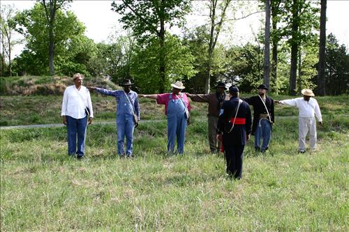 Civil War interpreters of  men training to join the U.S. Colored Troops at Stones River National Battlefield, April 2004