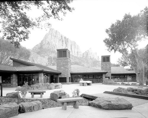 The 2000 visitor center after completion, part of the transportation project which included the shuttle buses, bus maintenance area, the new visitor center (Watchman campground, old a-loop), and new human history museum.