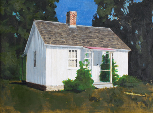 A small white cottage is depicted in a painting amid summer foliage.