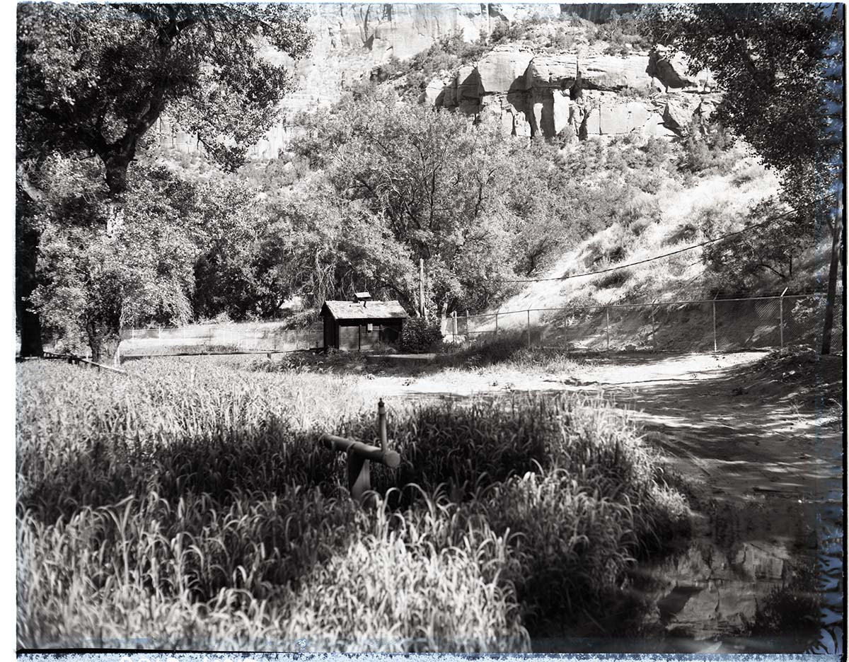 Reconstruction of Birch Creek sewage spray field for Zion Lodge showing pump house.