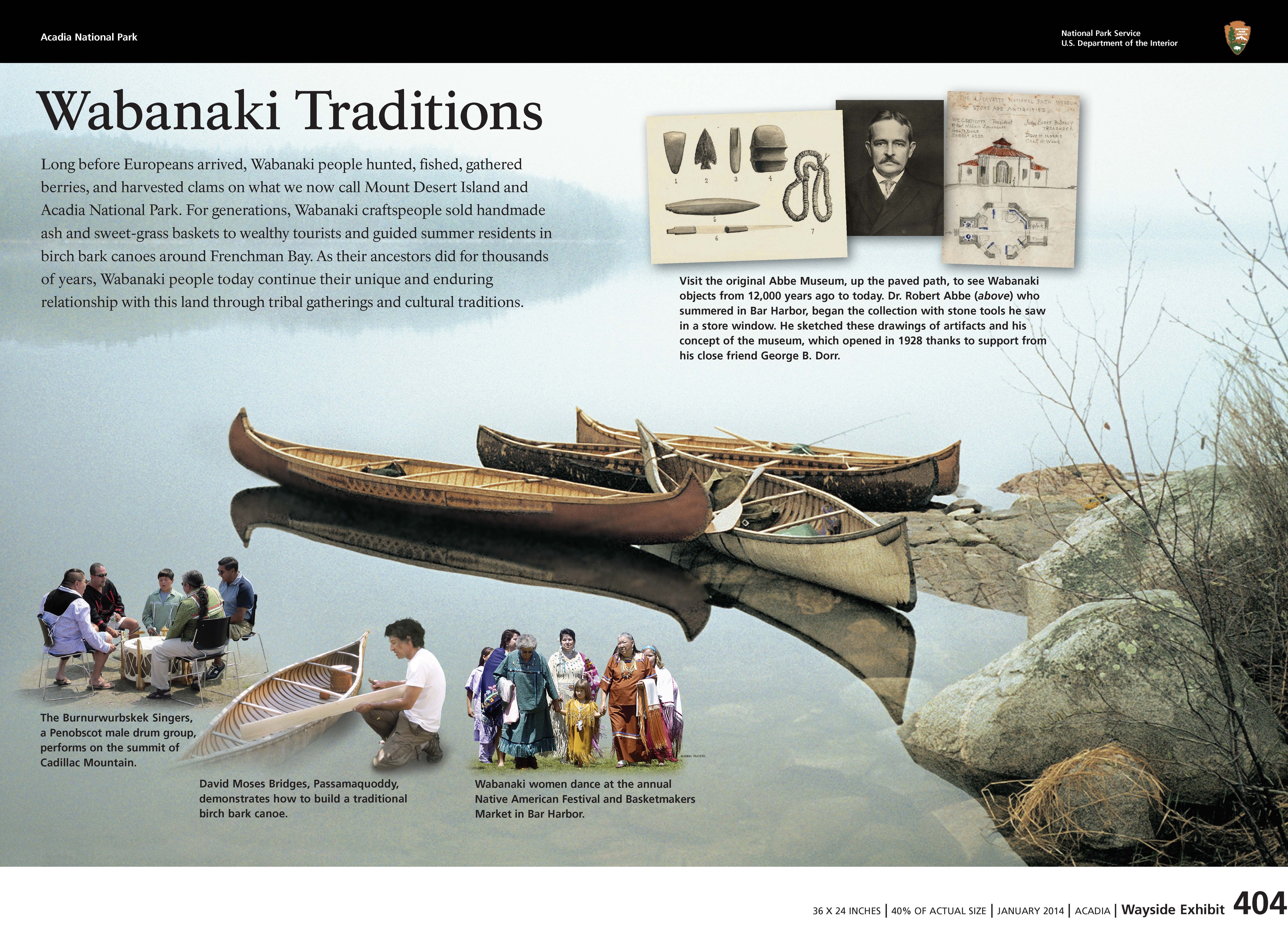 Title: Wabanaki Traditions in bold; background image of birch bark canoes in lake