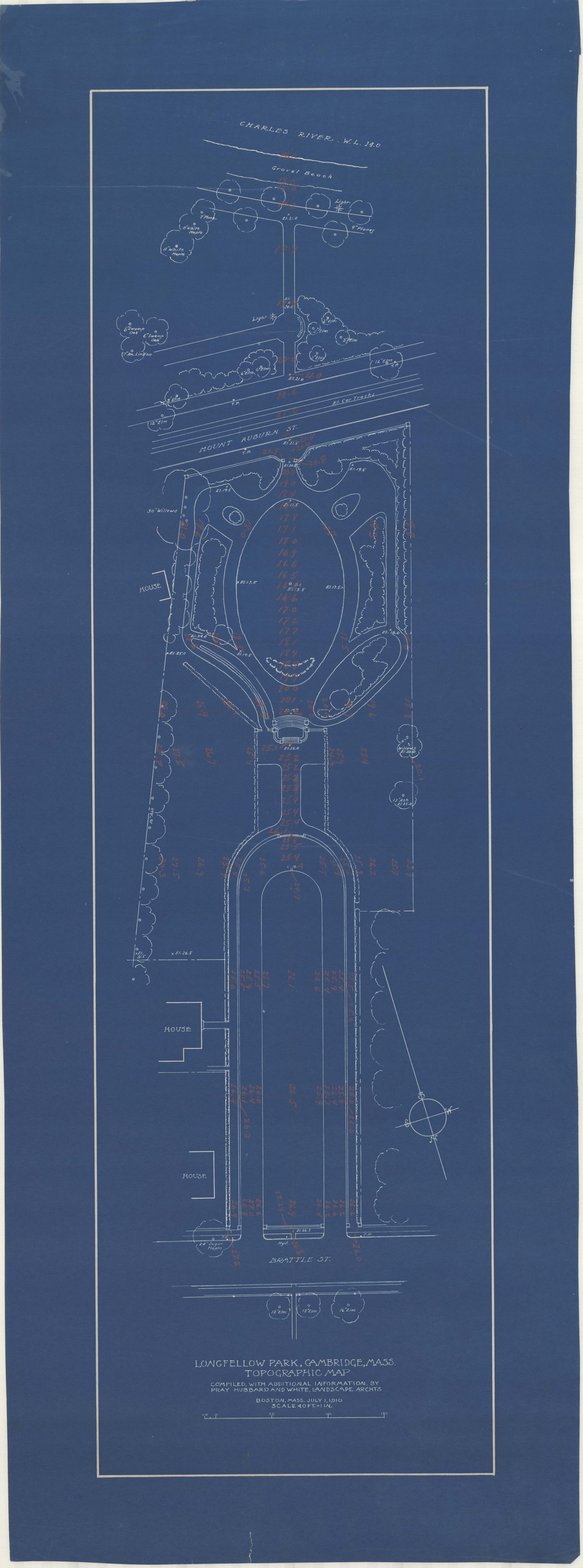 Blueprint of long, narrow park with an oval lawn and a U-shaped lawn outlined by paths and large monument at center