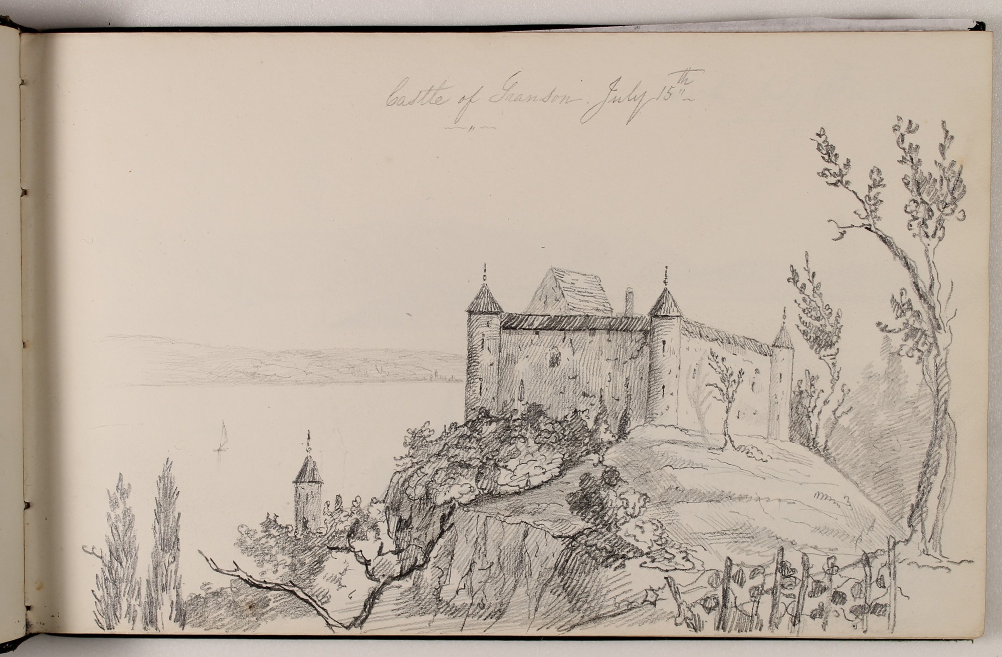 Pencil drawing in sketchbook of square castle on a hill with lake in background