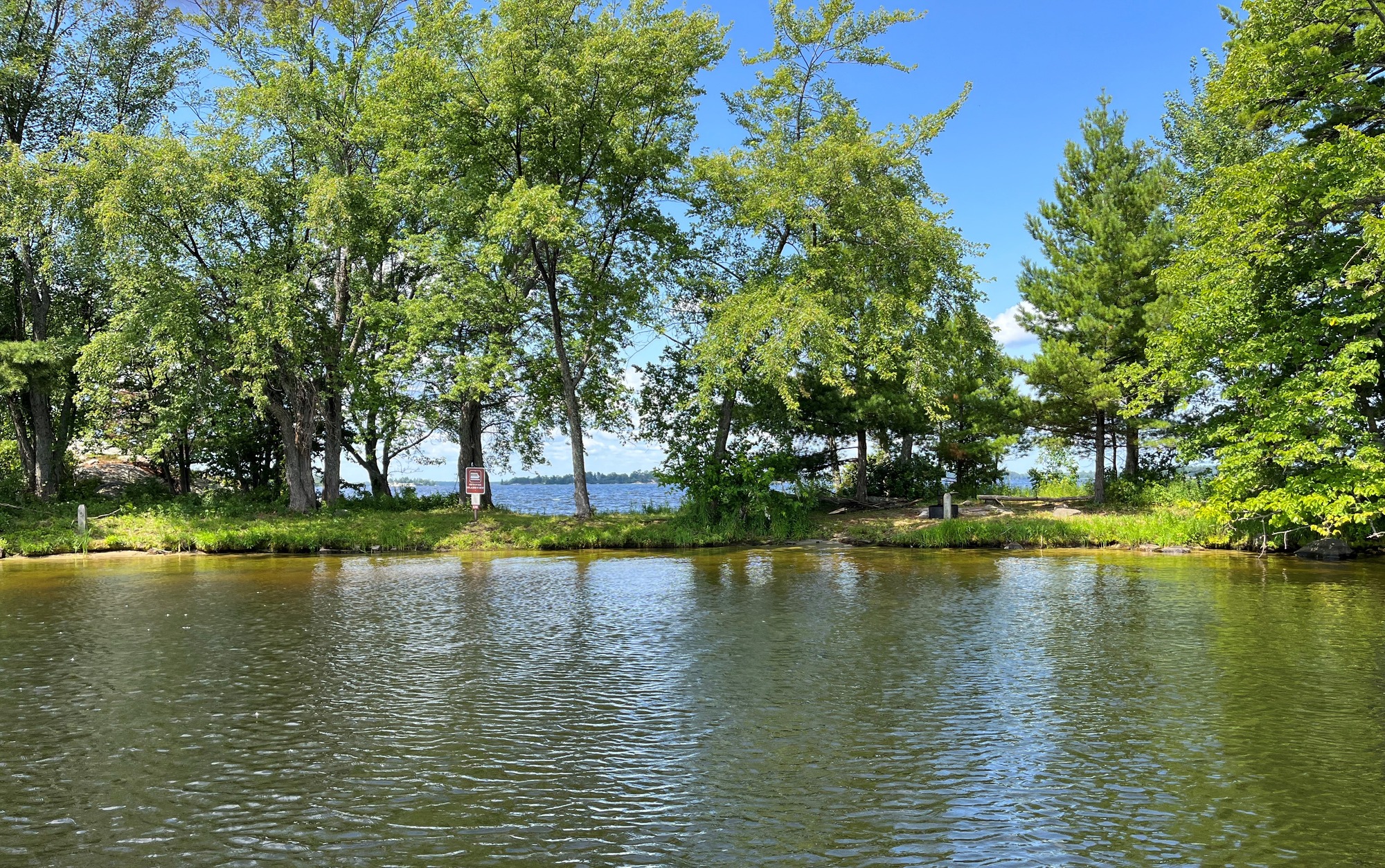 Houseboat Cutover Island View at Kabetogama Lake, Sand mooring; From Water