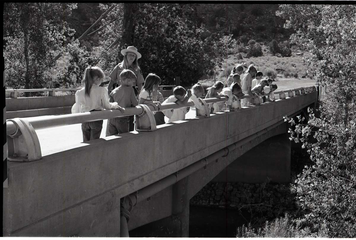 BW Photos of Junior Ranger Activities in Zion. On vehicle bridge near Watchman Housing Area.