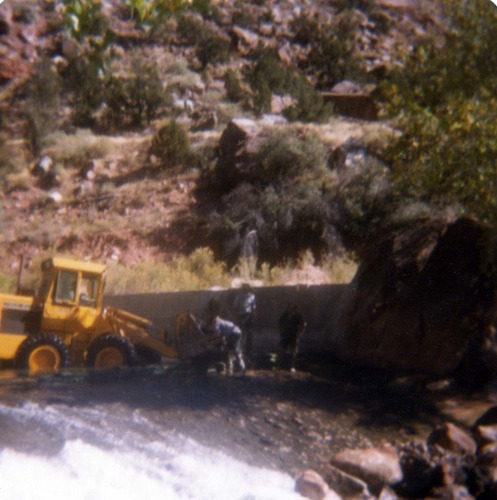 Color photo of the construction/modification of the Canyon Junction spillway on the Virgin River.