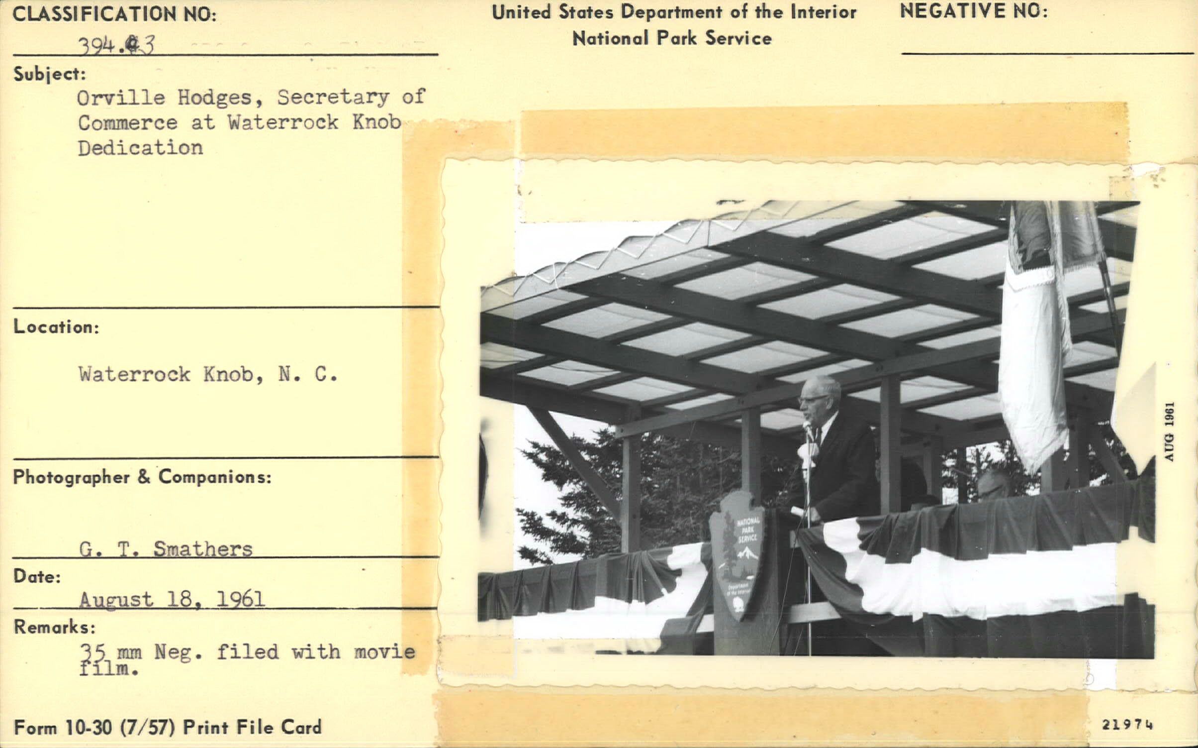 Orville Hodges, Secretary of Commerce at Waterrock Knob Dedication