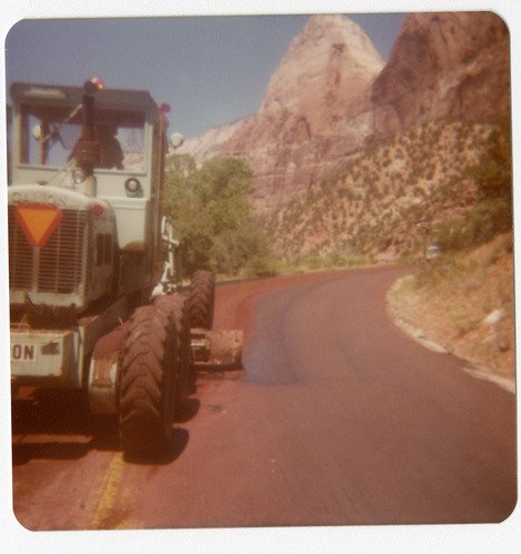 Construction vehicle during chipsealing of Zion roads.