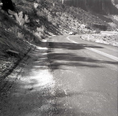 BW photo of rock slide near Echo Rock - 2.5" x 2.5".