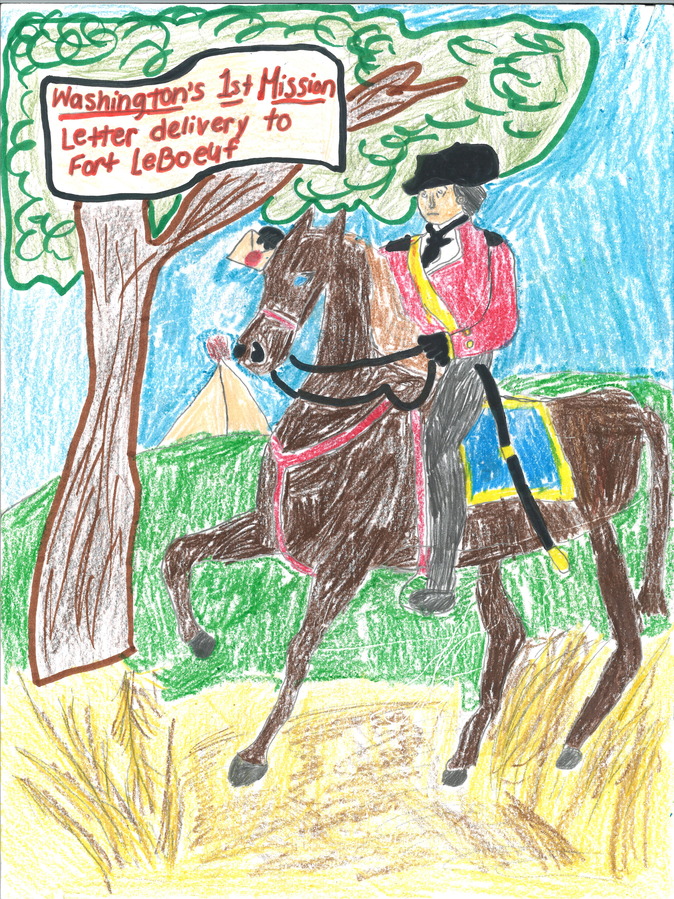 Washington on a horse with an envelope in his hand